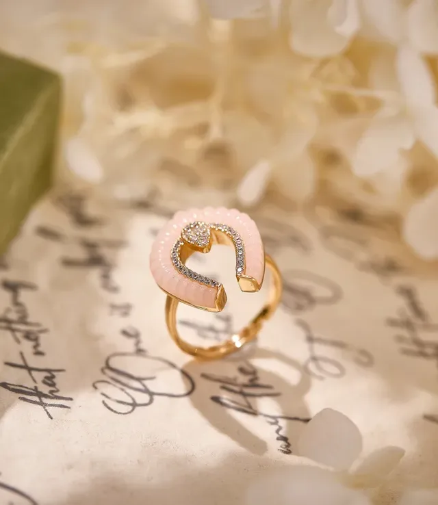 Pink Enamel Horseshoe Pavé-Diamond Gold-Tone Ring 5