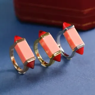 Pink Red Geometric Stone Setting Dual-Tone Metal Band Ring