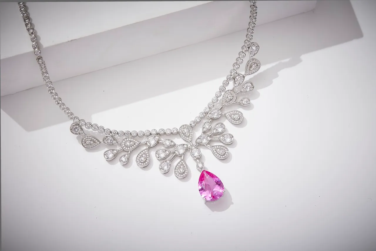 Pink Silver Multi-Tiered Bib-Style Pear-Shaped Drop Pendant Necklace 3