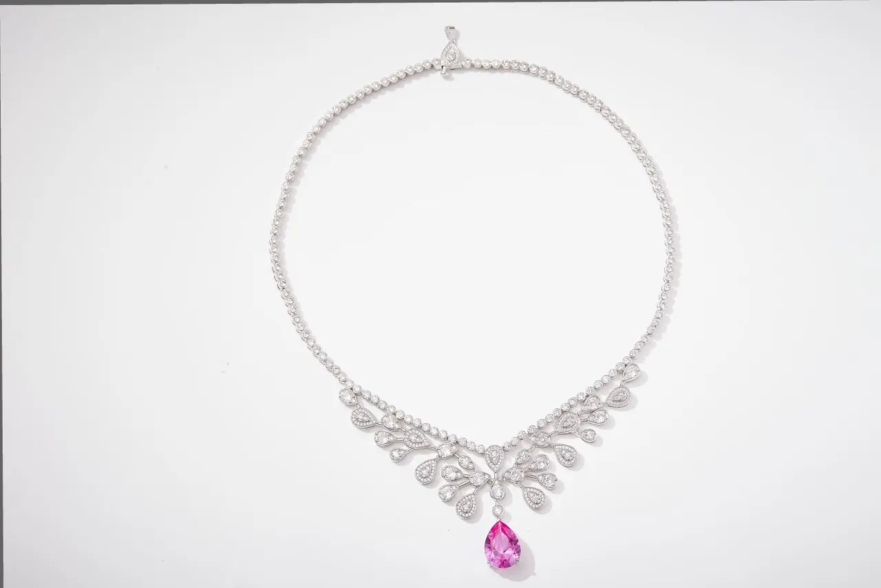 Pink Silver Multi-Tiered Bib-Style Pear-Shaped Drop Pendant Necklace 4