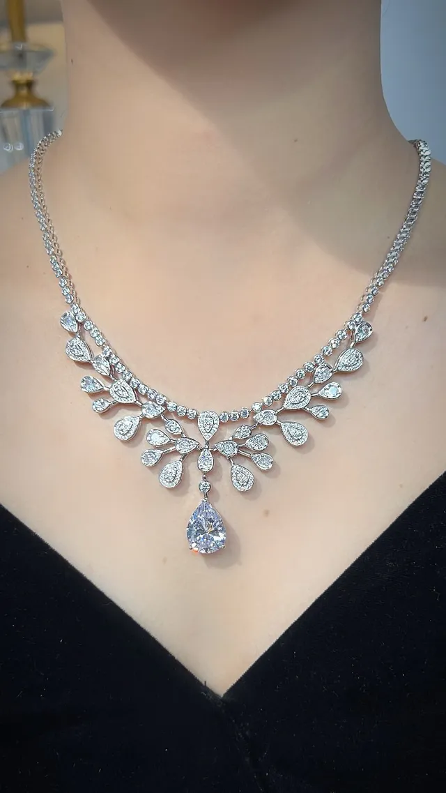 Pink Silver Multi-Tiered Bib-Style Pear-Shaped Drop Pendant Necklace 5
