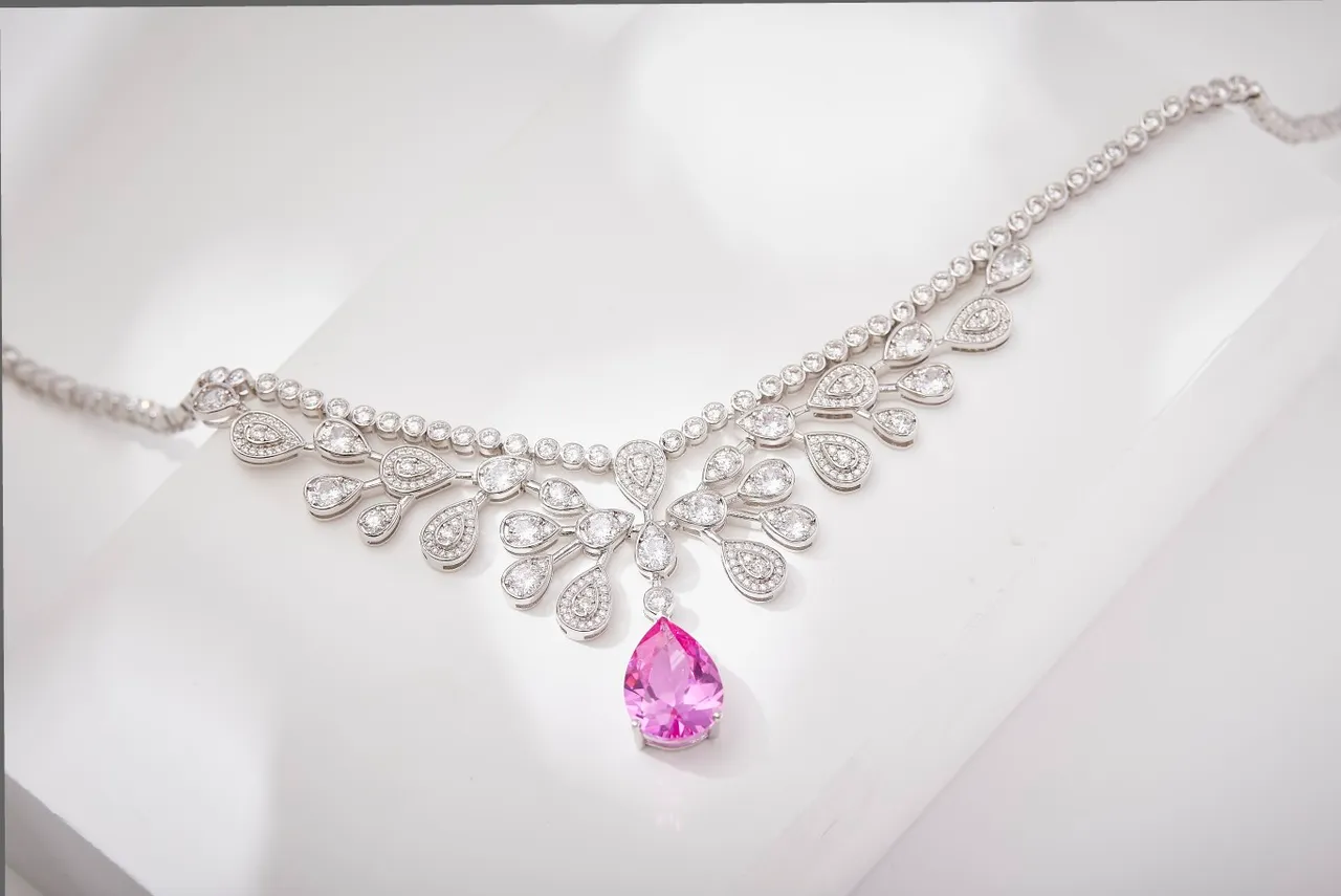 Pink Silver Multi-Tiered Bib-Style Pear-Shaped Drop Pendant Necklace 7