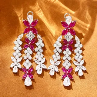 Pink White Chandelier Floral Motif Earrings