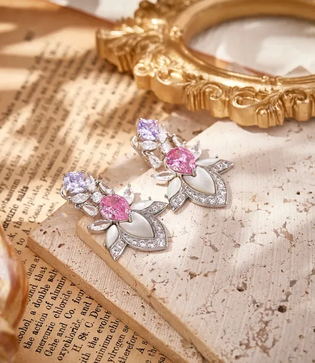 Pink White Floral Motif Drop Earring Earrings 6