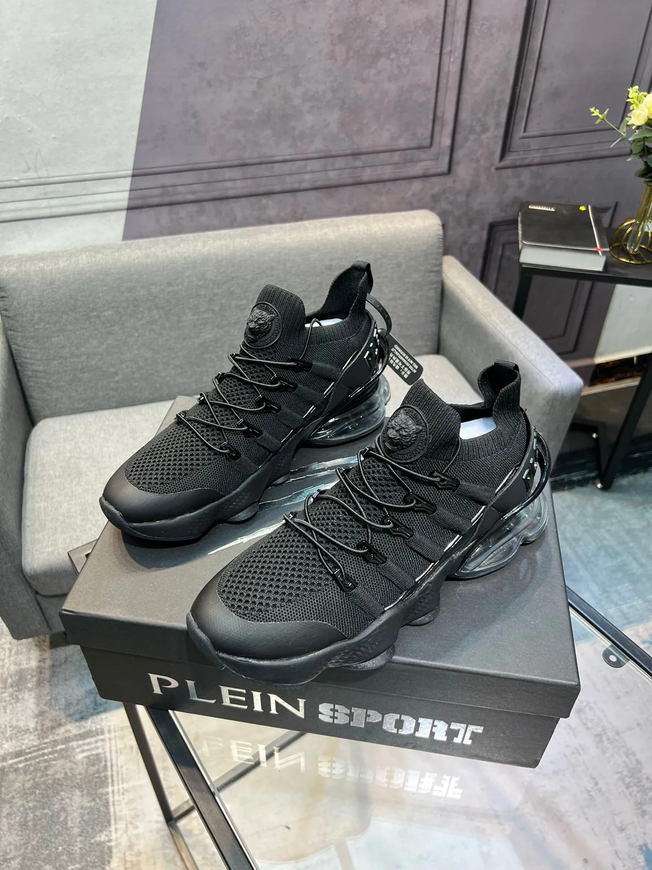 PLEIN SPORT Black Transparent Knit Sock-Fit Upper Air Cushioning Unit Chunky Sneakers 3
