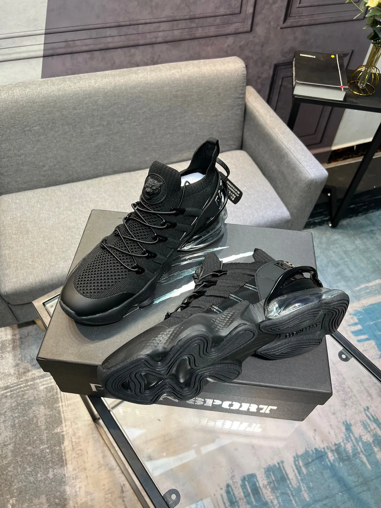 PLEIN SPORT Black Transparent Knit Sock-Fit Upper Air Cushioning Unit Chunky Sneakers 4