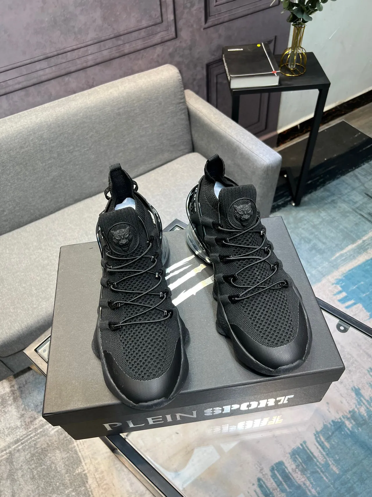 PLEIN SPORT Black Transparent Knit Sock-Fit Upper Air Cushioning Unit Chunky Sneakers 5