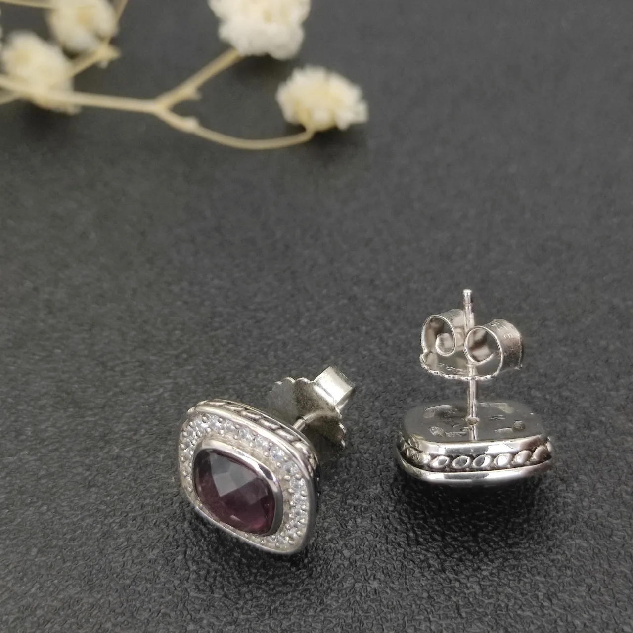 Purple Cushion-Cut Halo Stud Earrings 4
