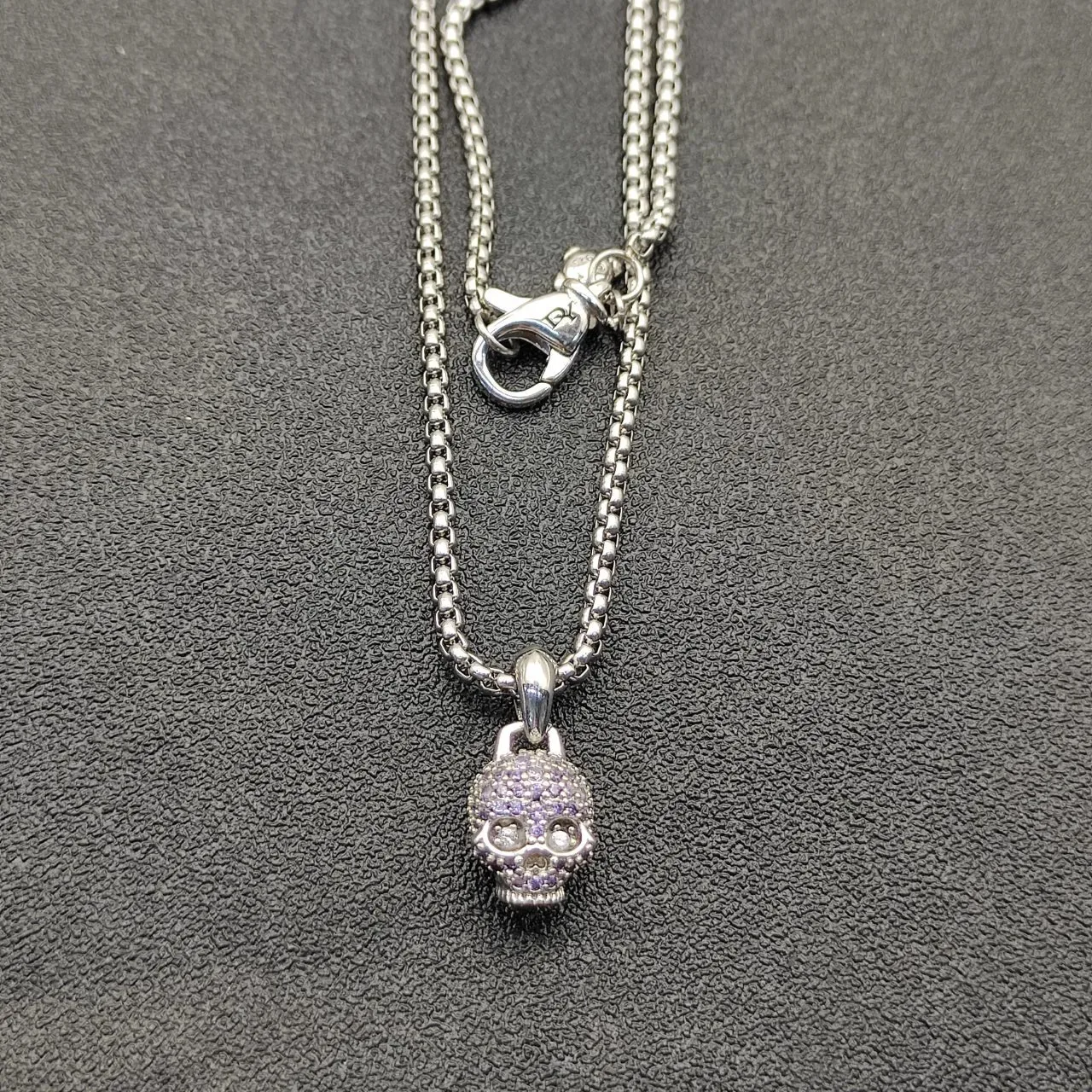 Purple Silver Pavé-Set Skull Pendant Gemstones Necklace 2