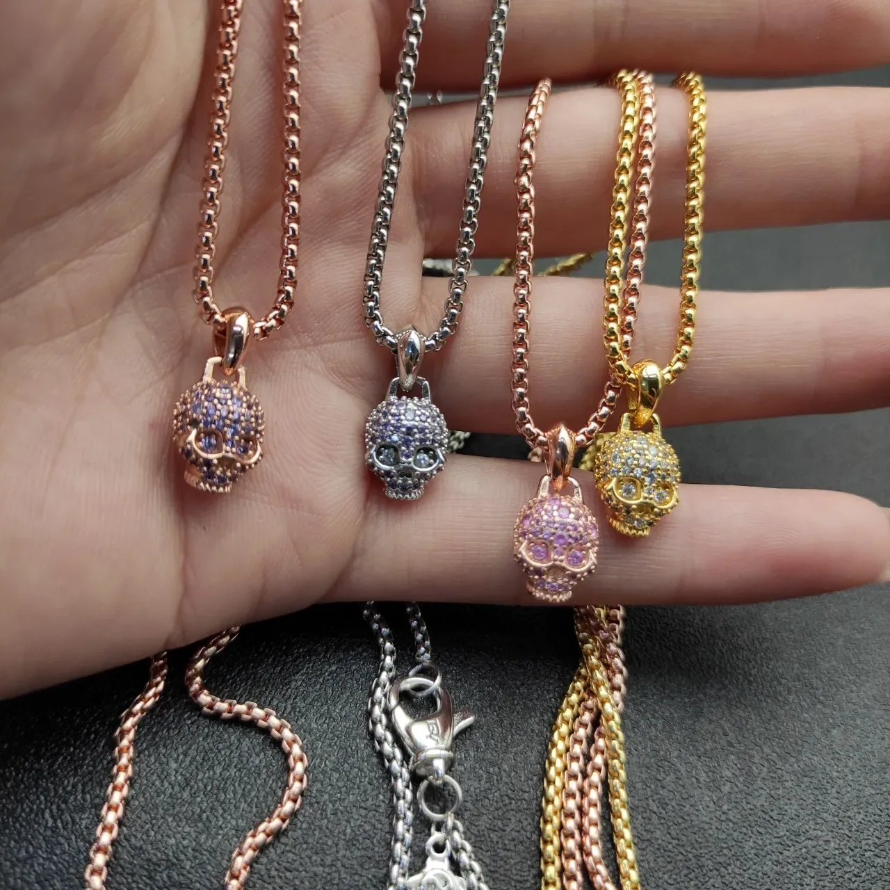Purple Silver Pavé-Set Skull Pendant Gemstones Necklace 4