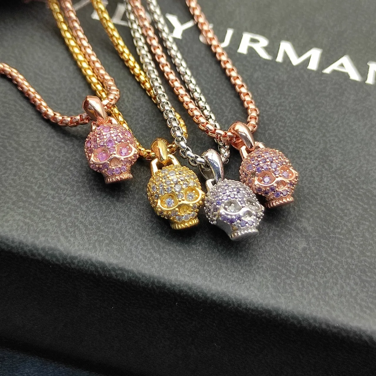 Purple Silver Pavé-Set Skull Pendant Gemstones Necklace 6