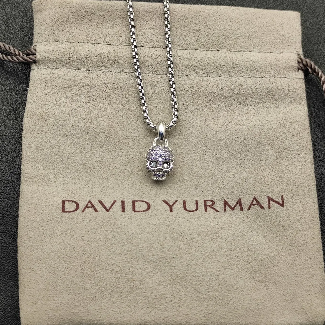 Purple Silver Pavé-Set Skull Pendant Gemstones Necklace 9