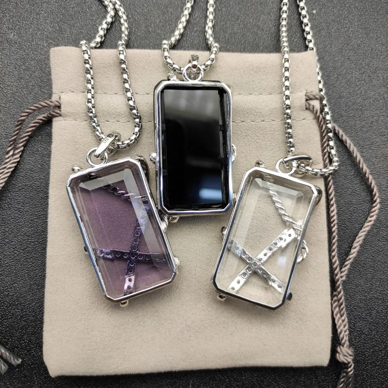 Purple Silver Rectangular Emerald-Cut Gemstone Crisscross Twisted Wire Motif Necklace 6