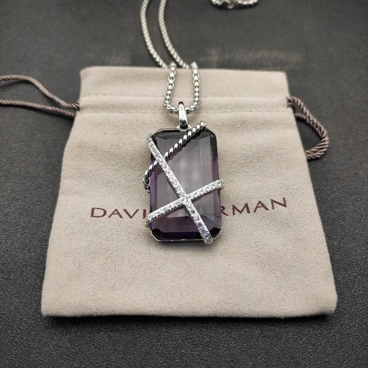 Purple Silver Rectangular Emerald-Cut Gemstone Crisscross Twisted Wire Motif Necklace 8