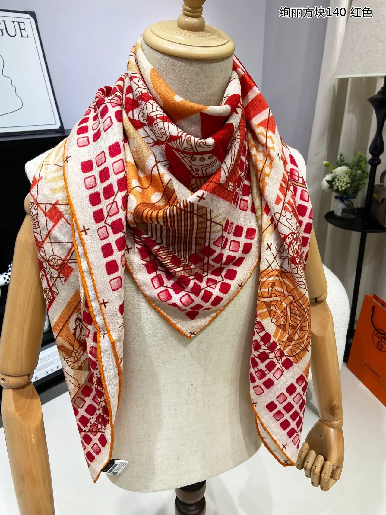 Red Beige Oversized Square Geometric Illustrative Print Silk Scarf 5