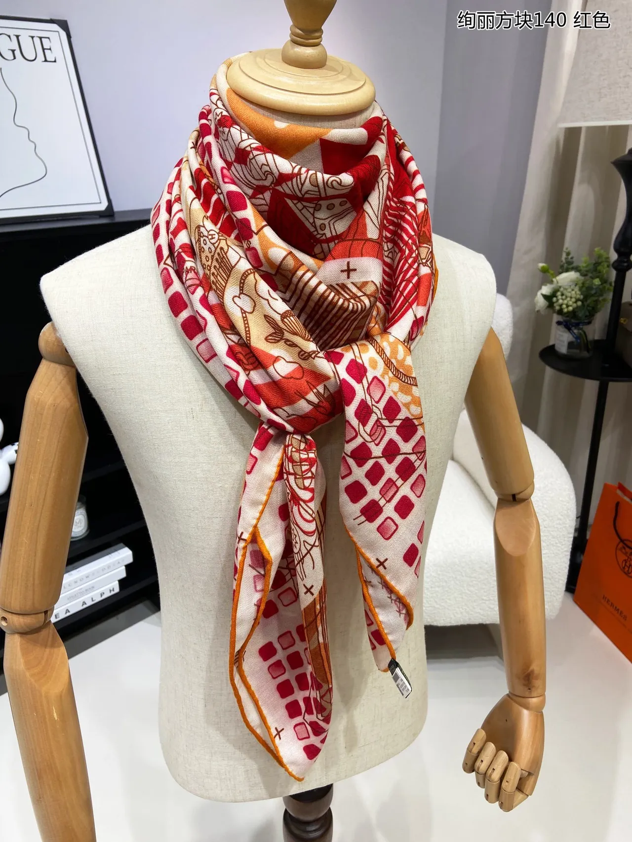 Red Beige Oversized Square Geometric Illustrative Print Silk Scarf 6