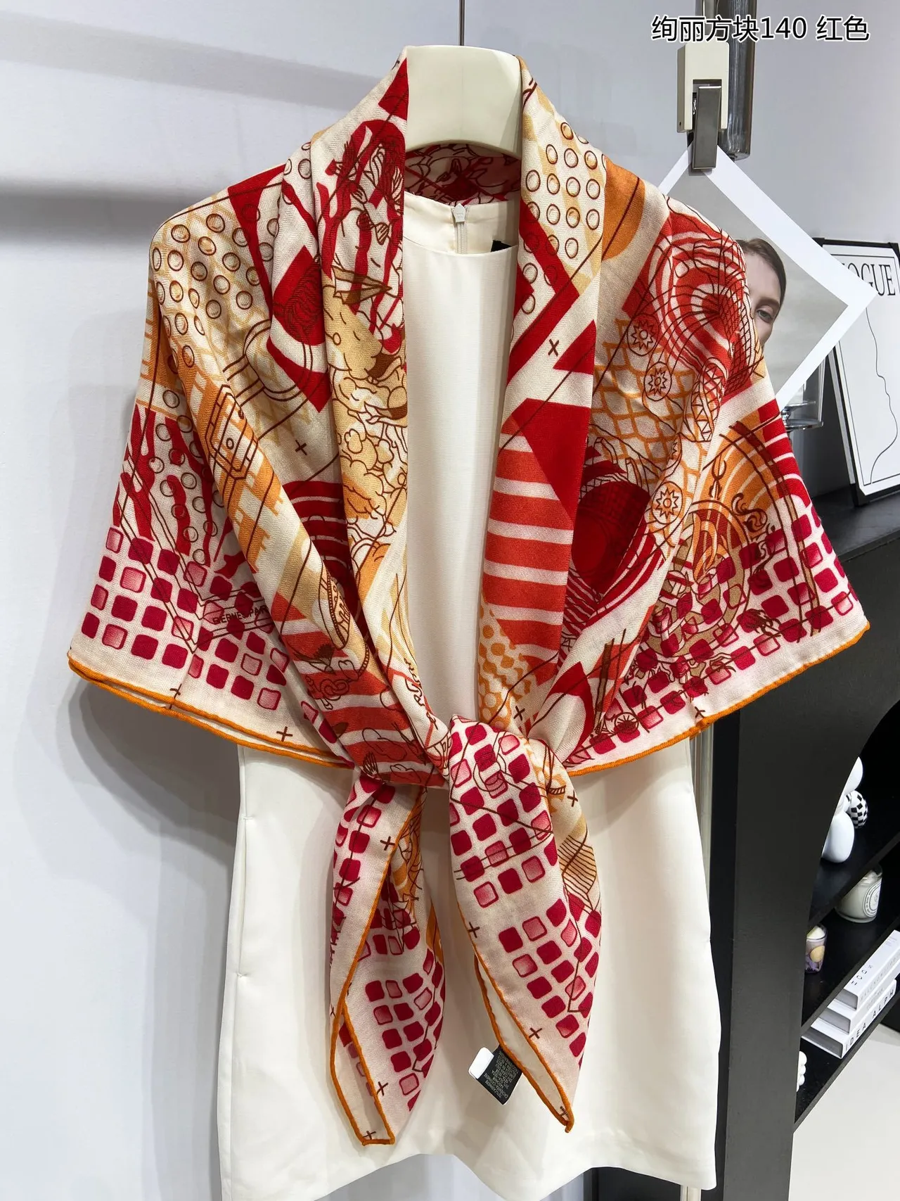 Red Beige Oversized Square Geometric Illustrative Print Silk Scarf 8