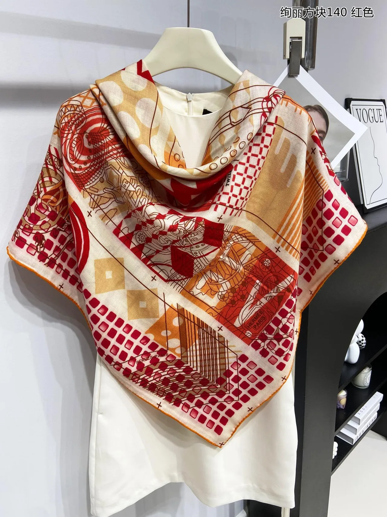 Red Beige Oversized Square Geometric Illustrative Print Silk Scarf 9