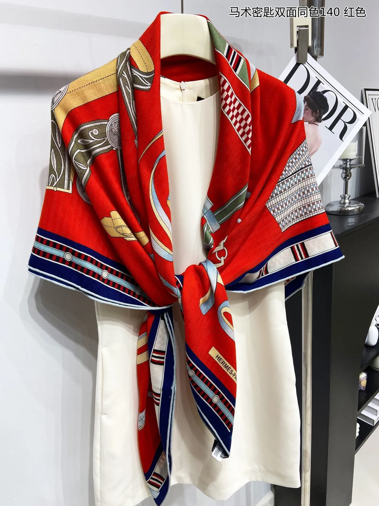 Red Equestrian Motif Printed Silk Scarf 8