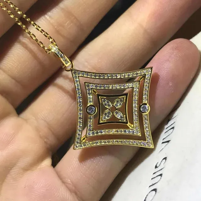 Red Gold Geometric Layered Square Pendant Pavé-Set Stones Necklace 2