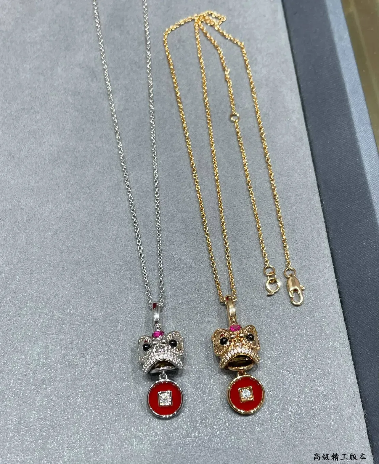 Red Gold Lion-Head Motif Pendants Enamel Coin Charms Necklace 4