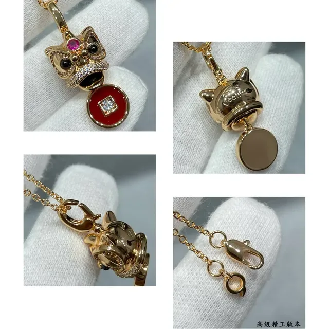 Red Gold Lion-Head Motif Pendants Enamel Coin Charms Necklace 5