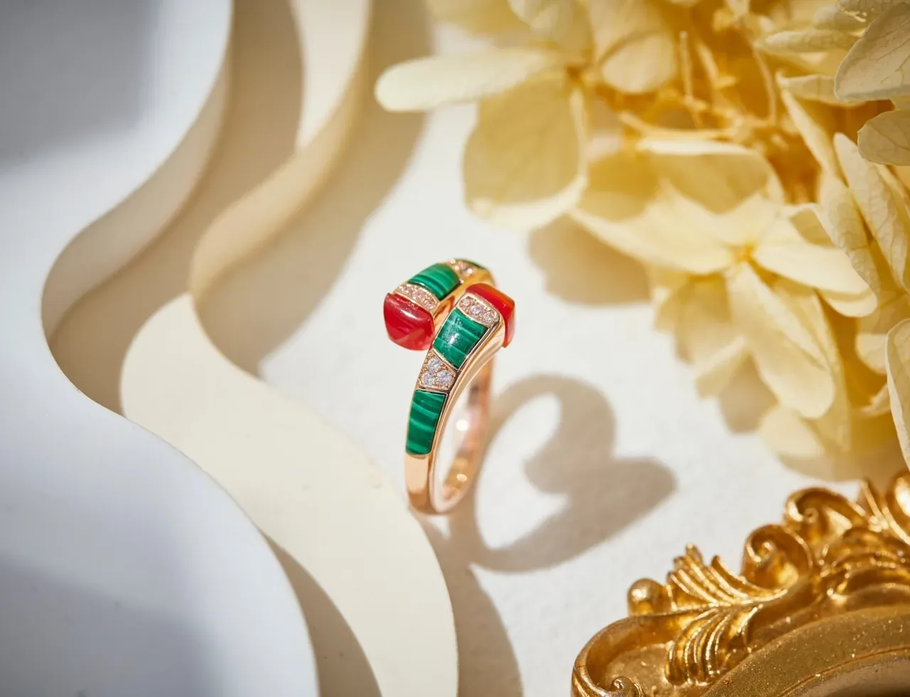 Red Green Open-Wrap Gemstone-Inlay Ring 4