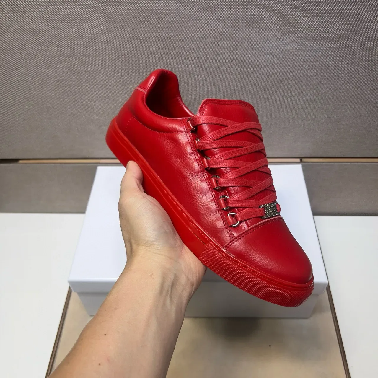 Red Monochromatic Lace-Up Low-Top Sneaker 6