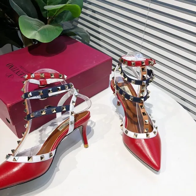 Red Navy White Studded Multi-Strap Pointed-Toe Stilettos 2