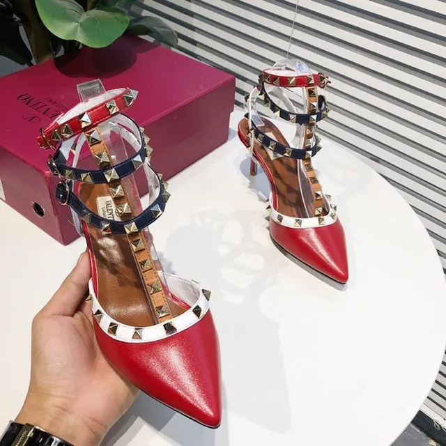 Red Navy White Studded Multi-Strap Pointed-Toe Stilettos 4
