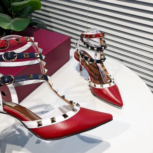Red Navy White Studded Multi-Strap Pointed-Toe Stilettos 6