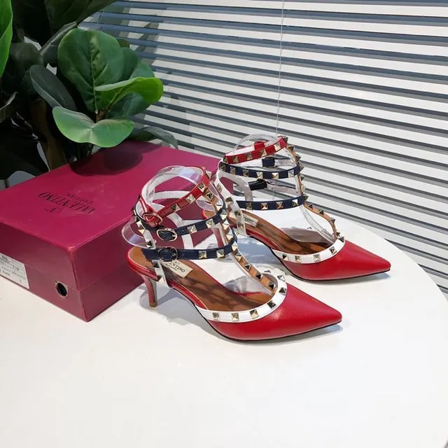Red Navy White Studded Multi-Strap Pointed-Toe Stilettos 7