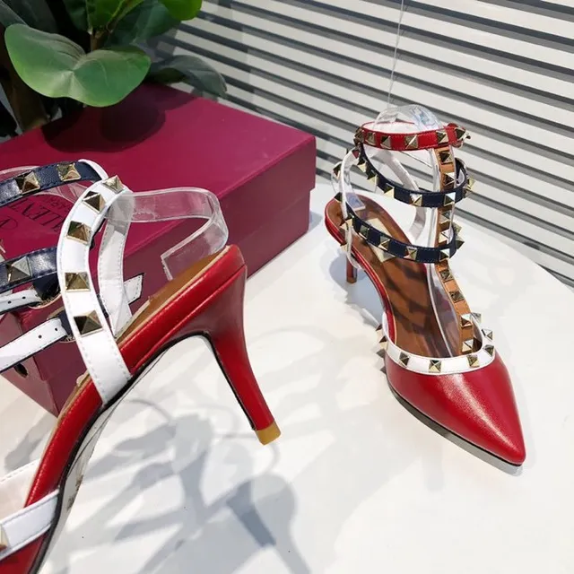 Red Navy White Studded Multi-Strap Pointed-Toe Stilettos 8