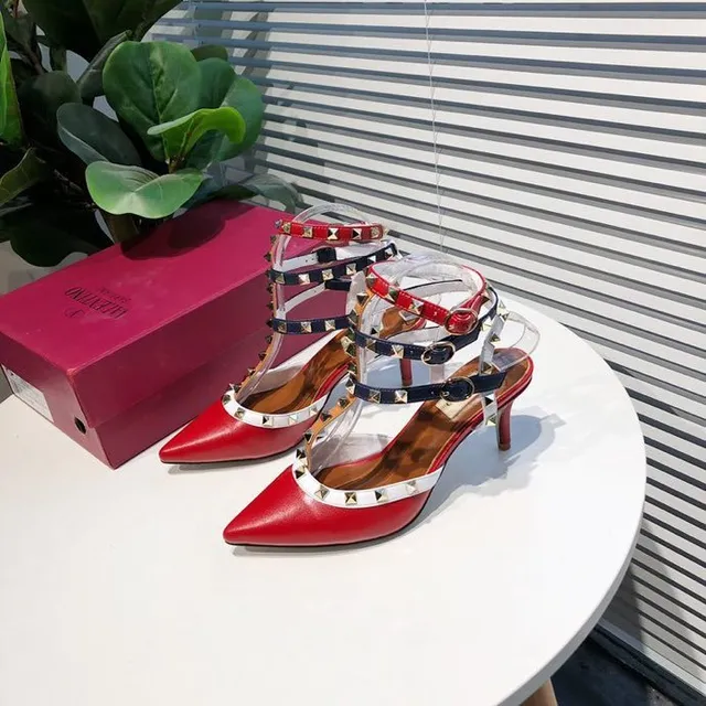 Red Navy White Studded Multi-Strap Pointed-Toe Stilettos 9