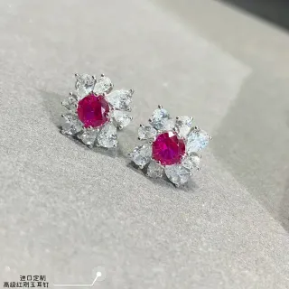 Red Silver Floral Cluster Central Oval Gemstone Earrings