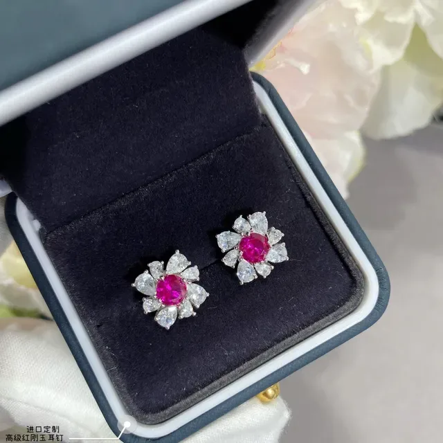 Red Silver Floral Cluster Central Oval Gemstone Earrings 2