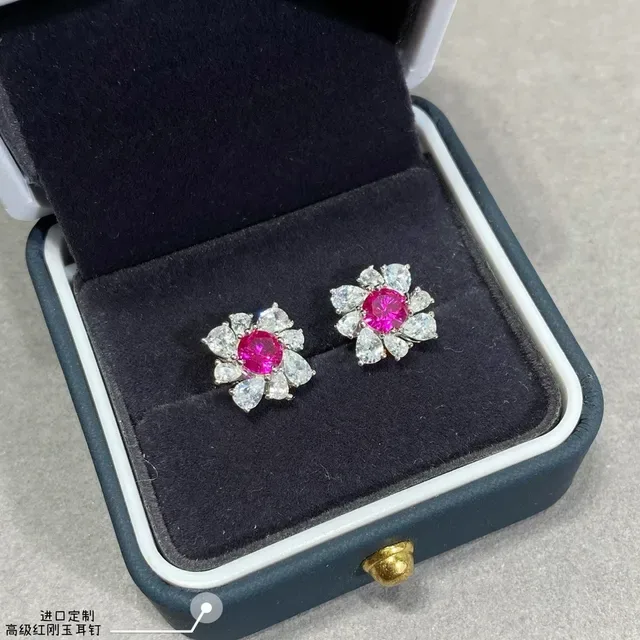 Red Silver Floral Cluster Central Oval Gemstone Earrings 3