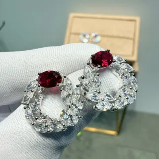 Red Silver Hoop Gemstone-Encrusted Earrings