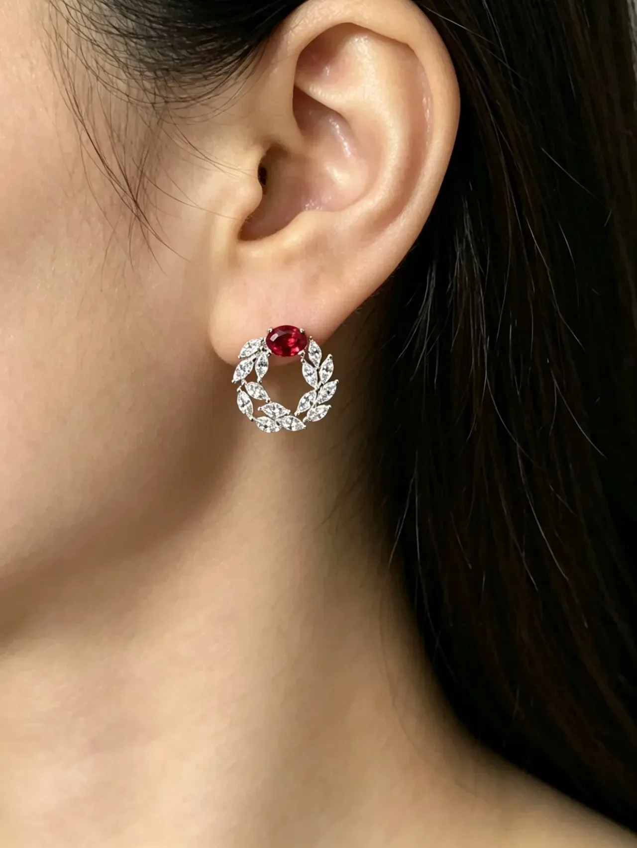 Red Silver Hoop Gemstone-Encrusted Earrings 2