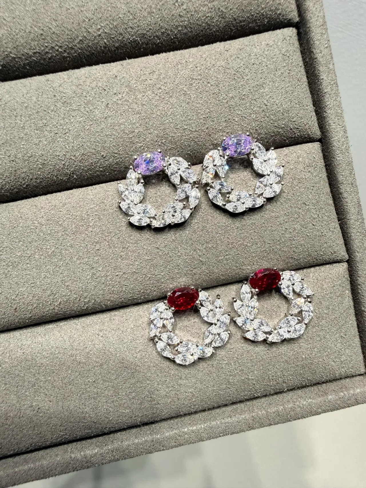 Red Silver Hoop Gemstone-Encrusted Earrings 5