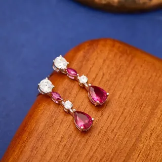 Red Silver Multi-Stone Linear Drop Pear-Shaped Teardrop Pendant Earrings
