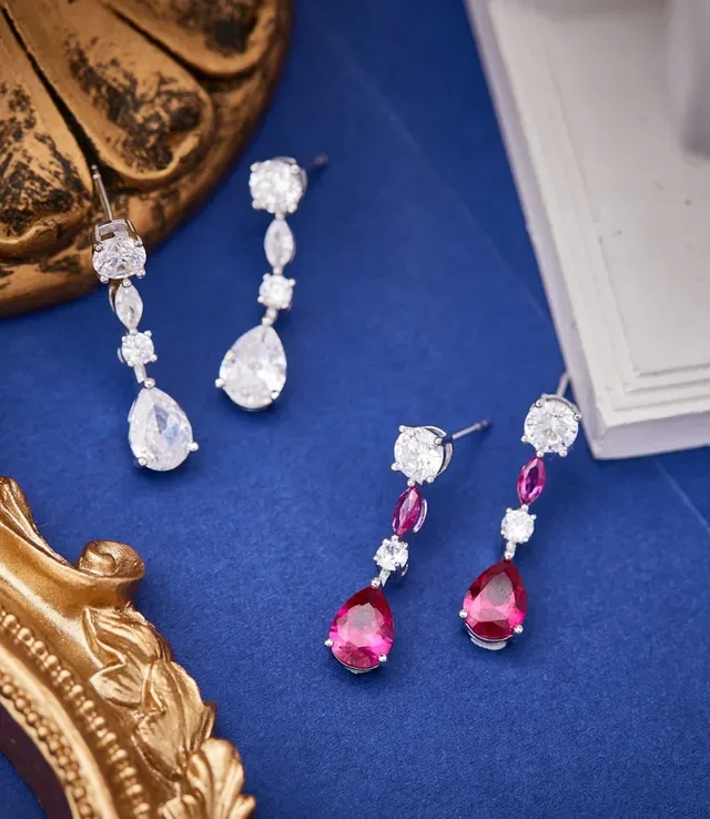 Red Silver Multi-Stone Linear Drop Pear-Shaped Teardrop Pendant Earrings 5