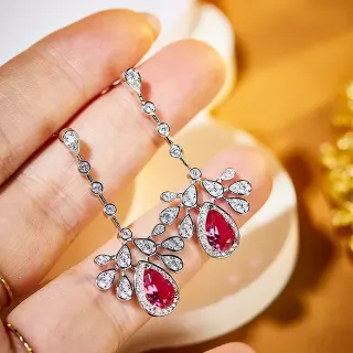 Red Silver Teardrop Chandelier Pavé-Set Earrings