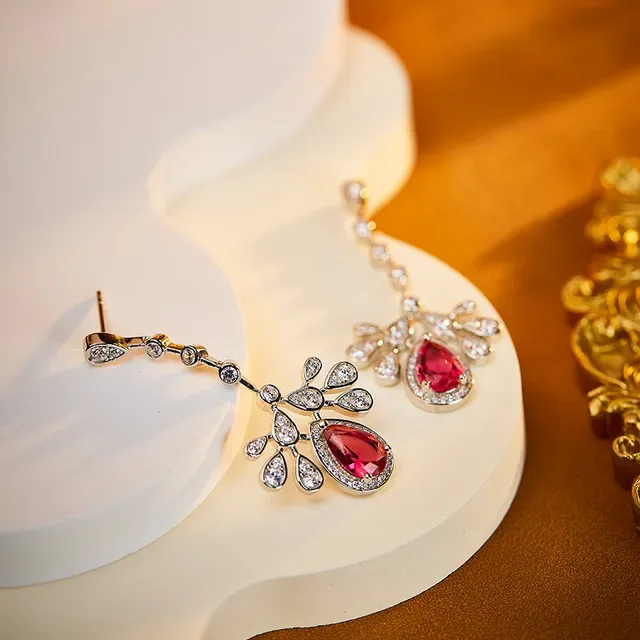 Red Silver Teardrop Chandelier Pavé-Set Earrings 2