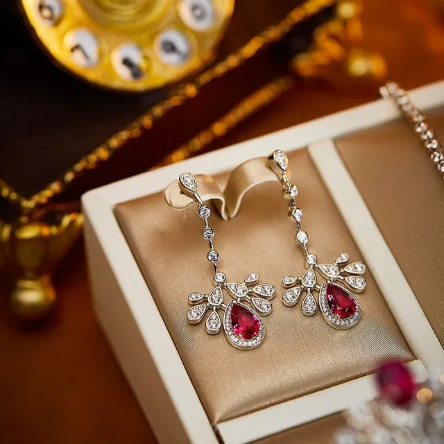 Red Silver Teardrop Chandelier Pavé-Set Earrings 4