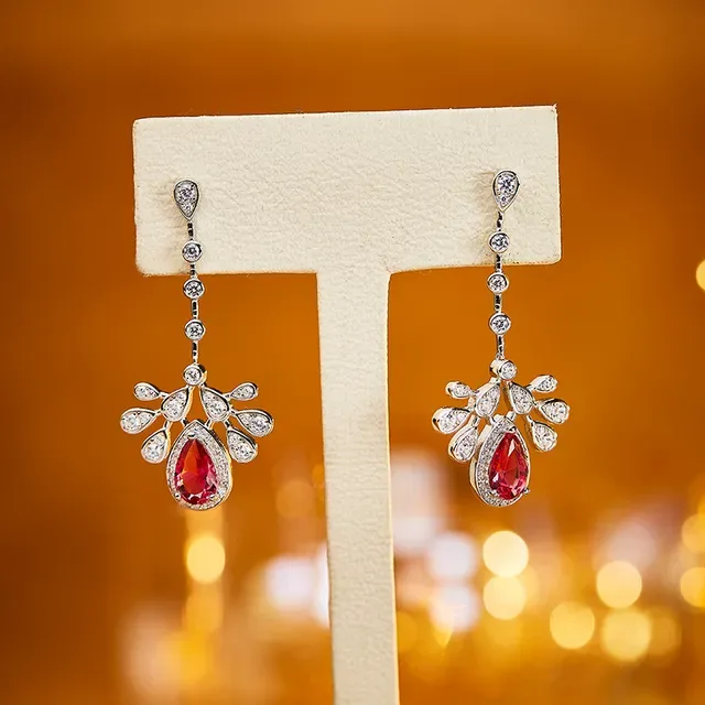 Red Silver Teardrop Chandelier Pavé-Set Earrings 6