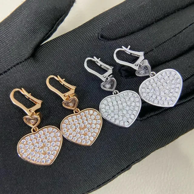 Rose Gold and Silver Tone Pavé Heart Dangling Earrings 2