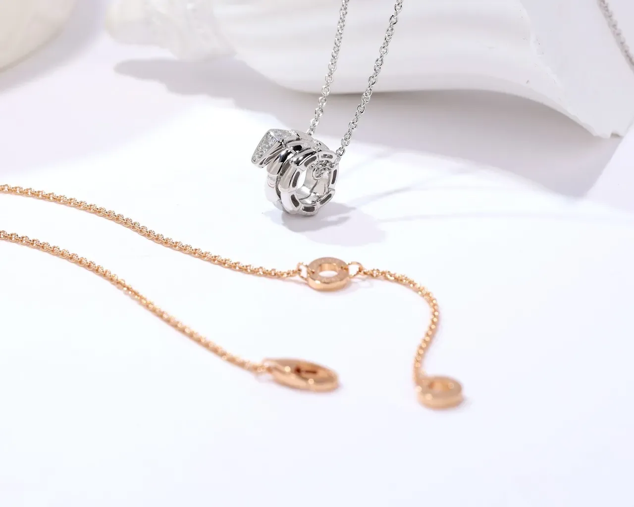 Rose Gold and Silver Tone Sculpted Diamond Pendant Necklaces 6