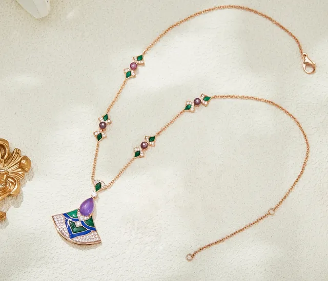 Rose Gold Fan-Shaped Enamel and Gemstone Pendant Necklace 6