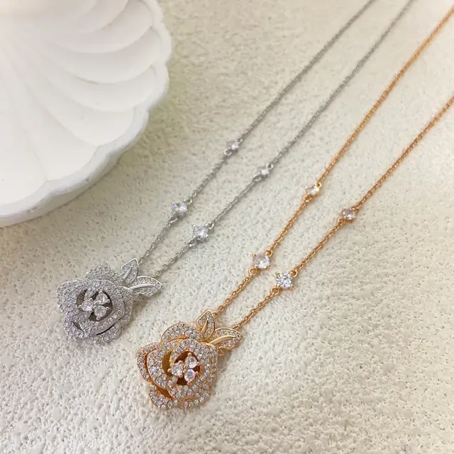 Rose Motif Pavé-Set Dual-Tone Pendant Necklaces 2